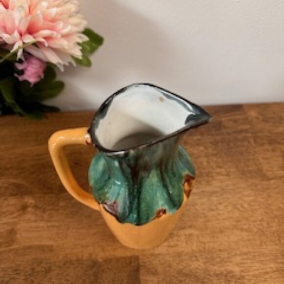 Vintage Drip Glaze Pottery Pitcher Green Brown and Mustard Yellow Art Pottery Ju - Picture 3 of 8